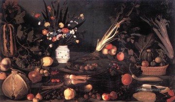 Nature morte avec Fleurs et Fruits religieuse Baroque Caravaggio floral Peinture à l'huile